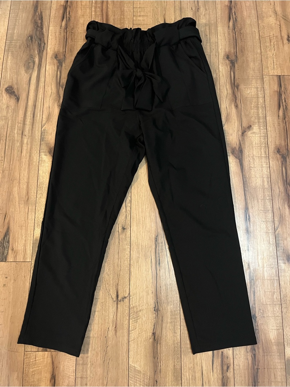 High-Rise Black Paperbag Waist Trousers with Self-Tie